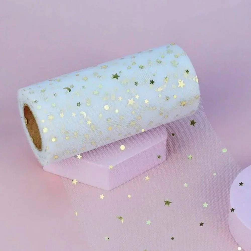 3 Rolls White Mesh Tulle Wide Ribbon with Gold Moons & Stars